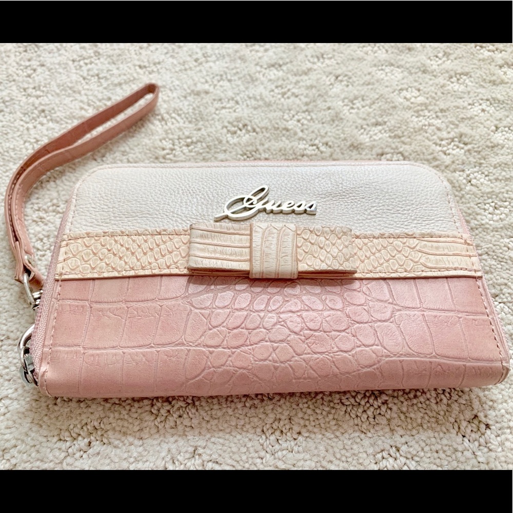 Guess Wallet Wristlet Phone Case Pink Bow Leather